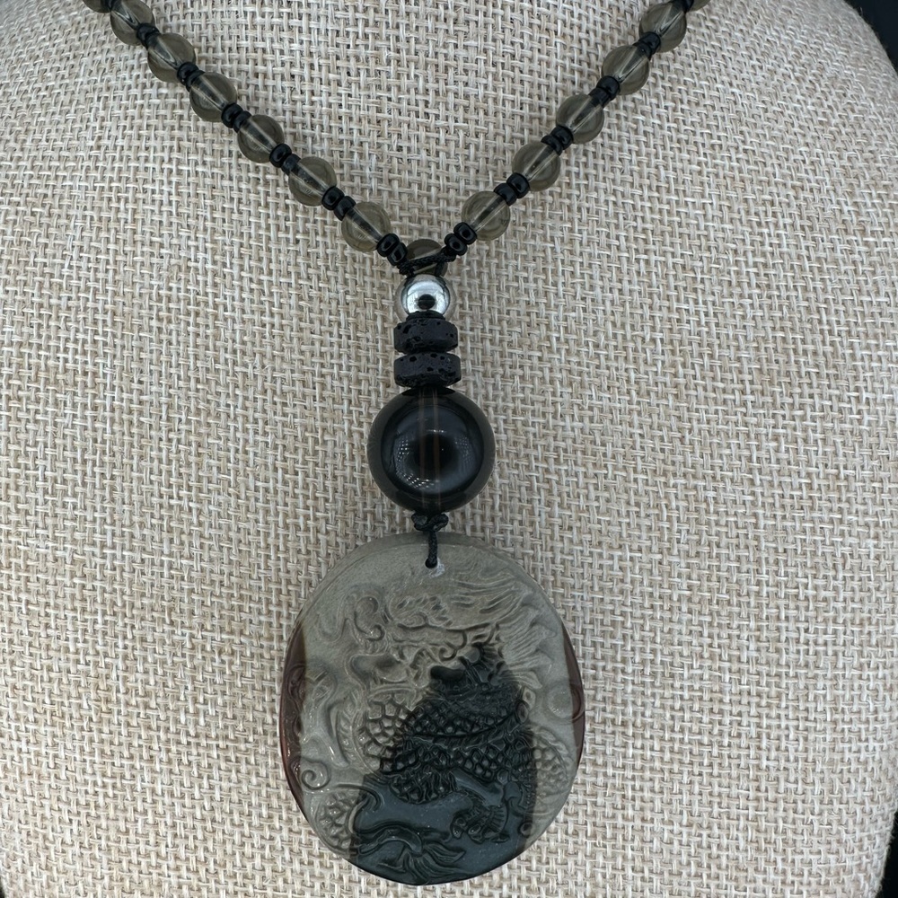 Black and Grey Polychrome Jasper Dragon Pendant Necklace on Beaded Cord